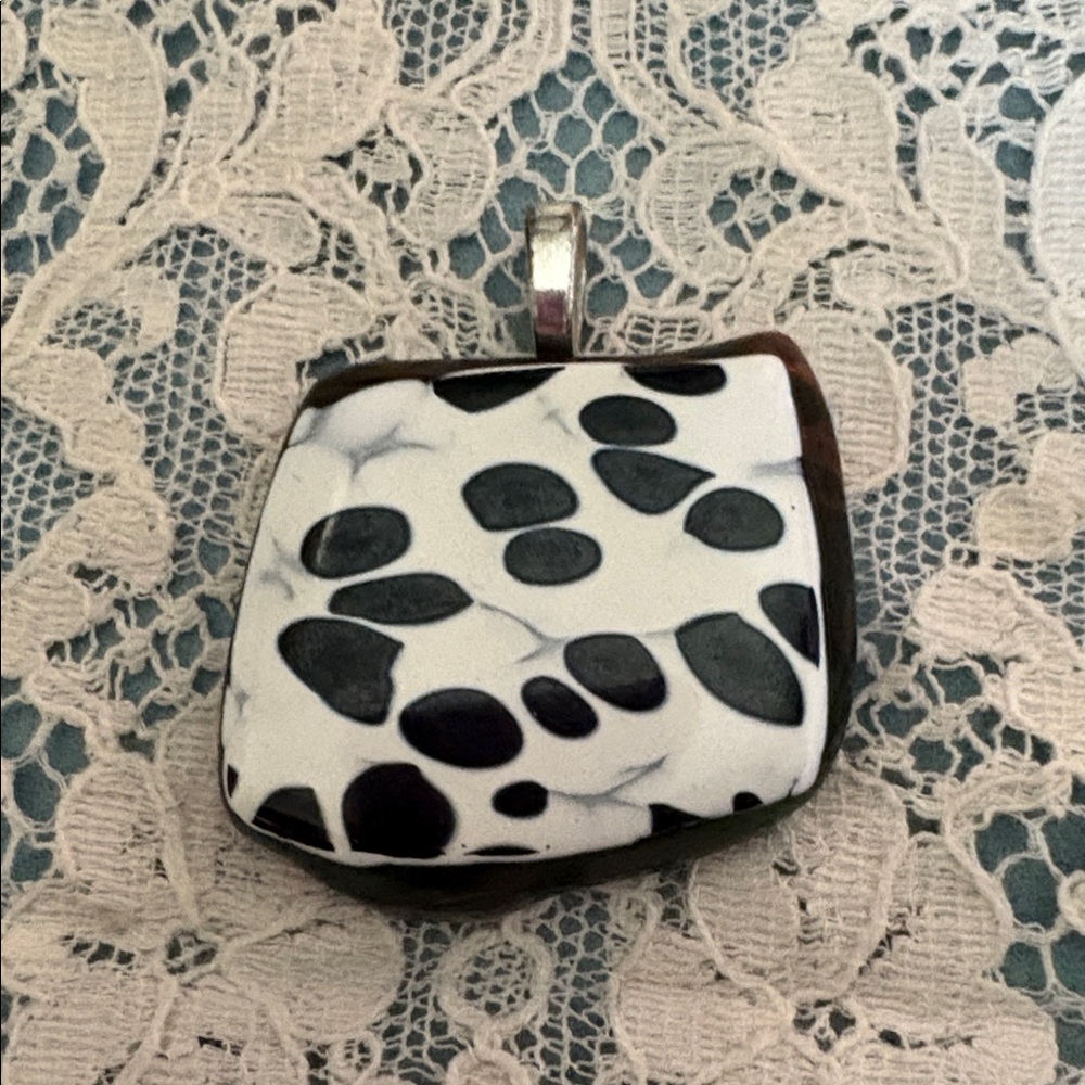 Artisan black n white Handmade USA  Fused Glass Pendant